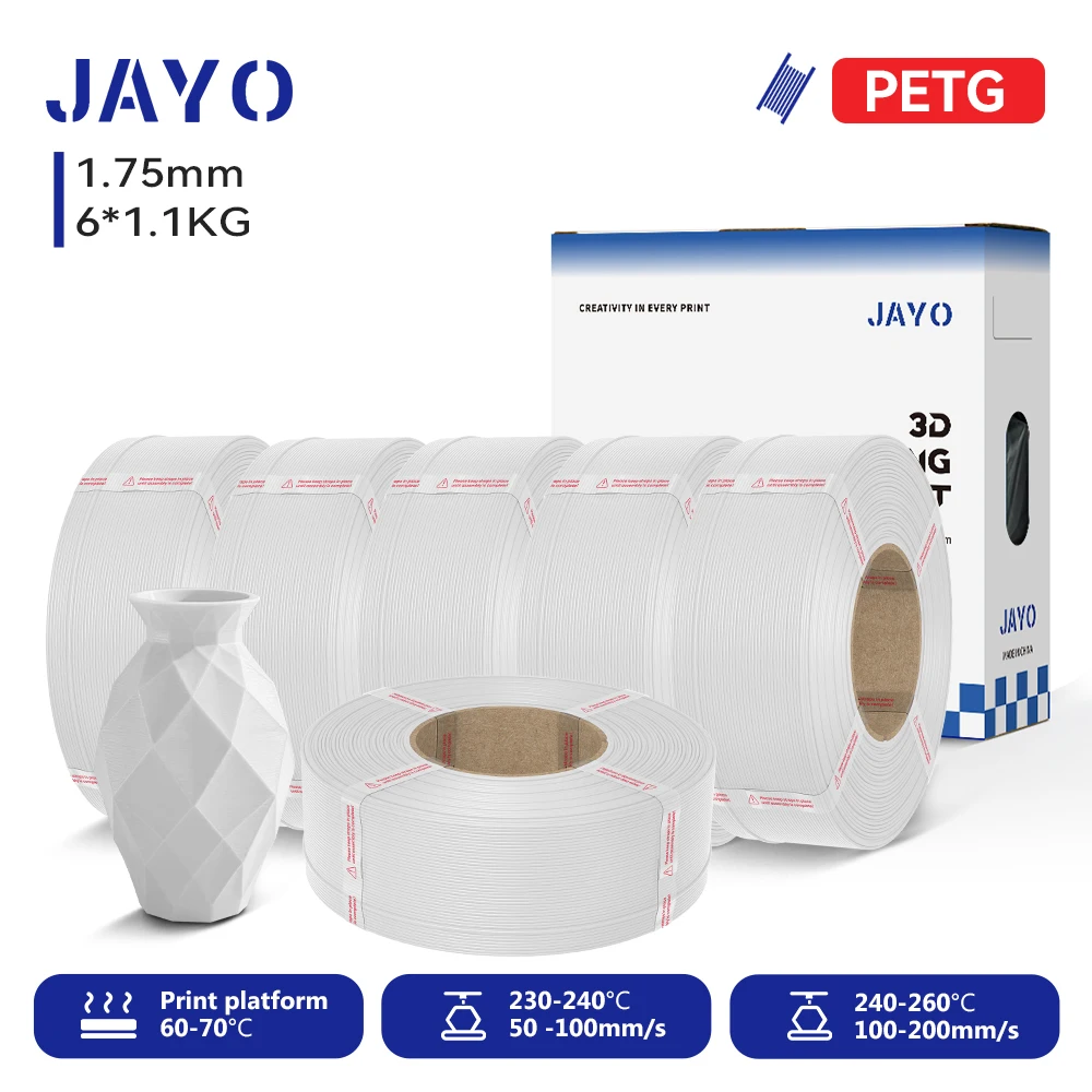 JAYO Nachfüll-PETG/PLA+-Filament, 1,75 mm Nachfüll-Filament für 3D-Drucker, geeignet für Bambu Lab Filament und JAYO wiederverwendbare Spulen, 6 Rollen
