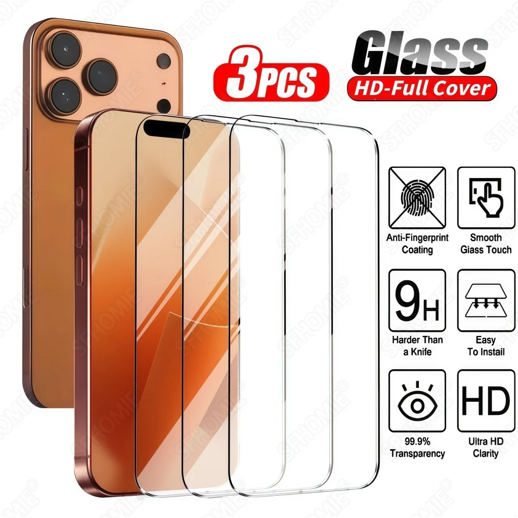 3Pcs HD Tempered Glass Screen Protector For iPhone 11 12 13 14 15 16 17 Pro Max 14 15 16 Plus Air 16e 17e Glass Protection Film