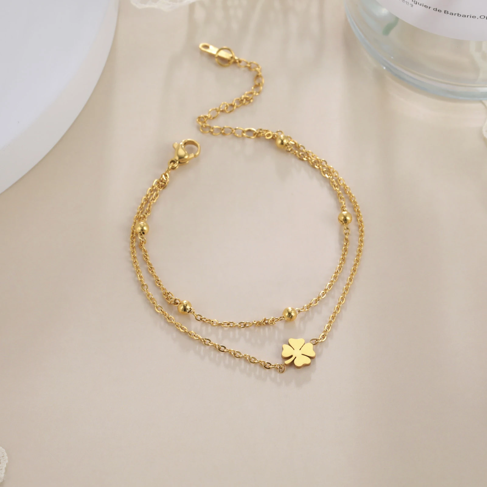 Kkjoy Edelstahl Fußkette für Damen und Herren, silberfarben, vierblättriges Kleeblatt, Fußkettchen, einfache Perlen, Modeschmuck, Accessoires, Neu – Detail 7