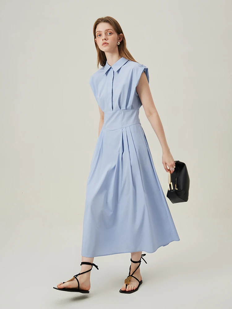 FSLE Sleeveless Dress Elegant Cotton Commuter Female Long Dresses Summer 2024 Minimalist Blue Khaki Shirt Dress 24FS12337