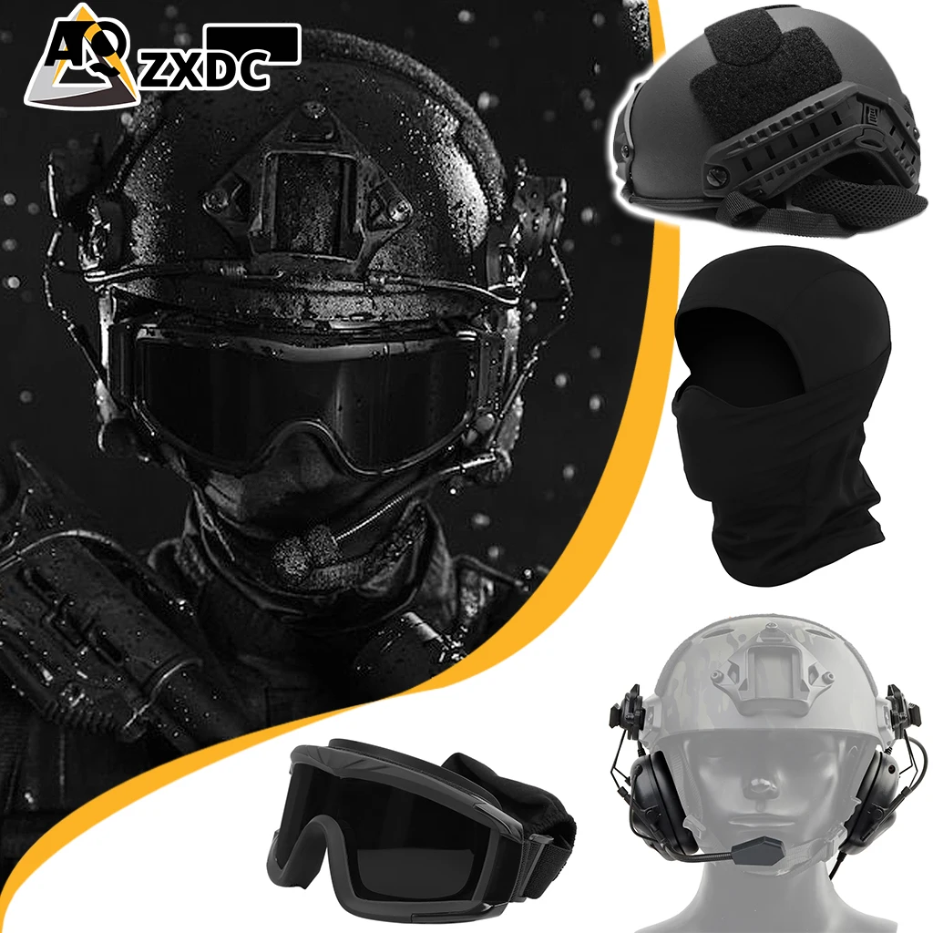 Black airsoft helmet tactical set, Tactical communication headset, Full coverage goggles, Balaclava mask, for cs war game