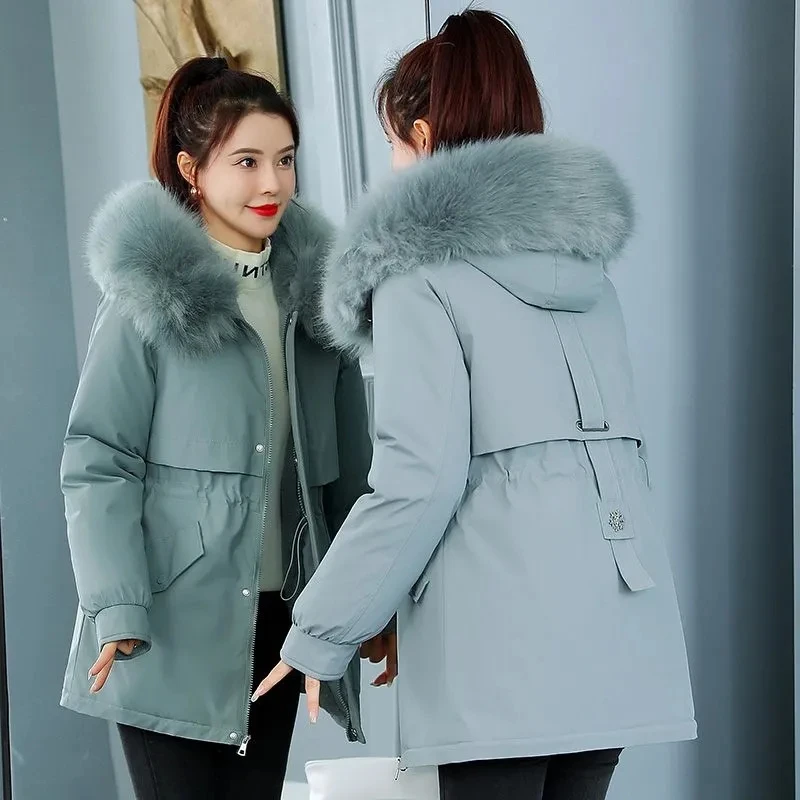 Women Parka Fashion Long Coat Wool Liner Hooded Parkas 2024 New Winter Jacket Slim with Fur Collar Warm Snow Wear Padded Clothes