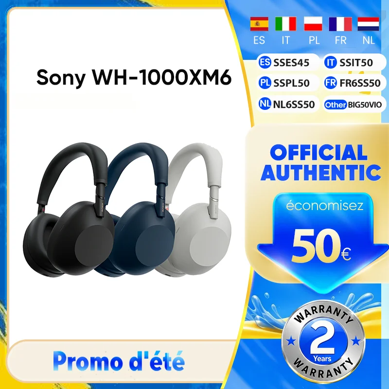 Casque sans fil à réduction de bruit Sony WH-1000XM6 original, double cœur, ultra haut de gamme, bandeau noir, 30 heures d'autonomie