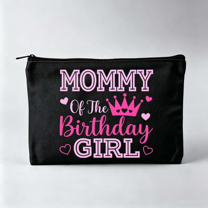 Women's Typography Print Makeup Bag with Crown Design, Fashion Cosmetic Pouch for Birthday Celebrations