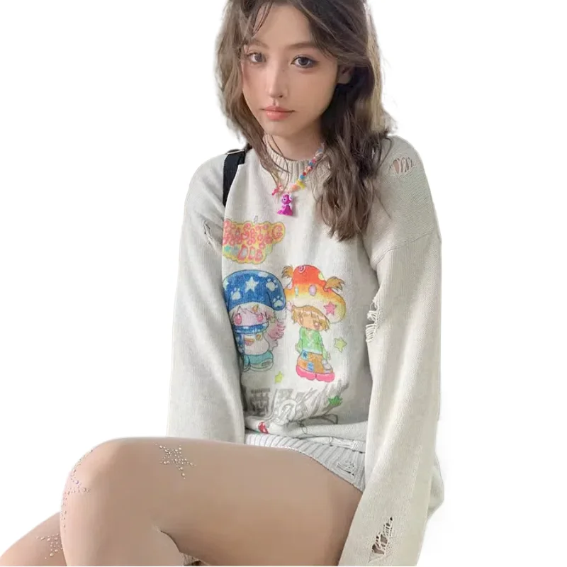 

Subcultural Printed Vintage Loose Knit Sweater for Women Sweet and Spicy Style Autumn and Winter New Top