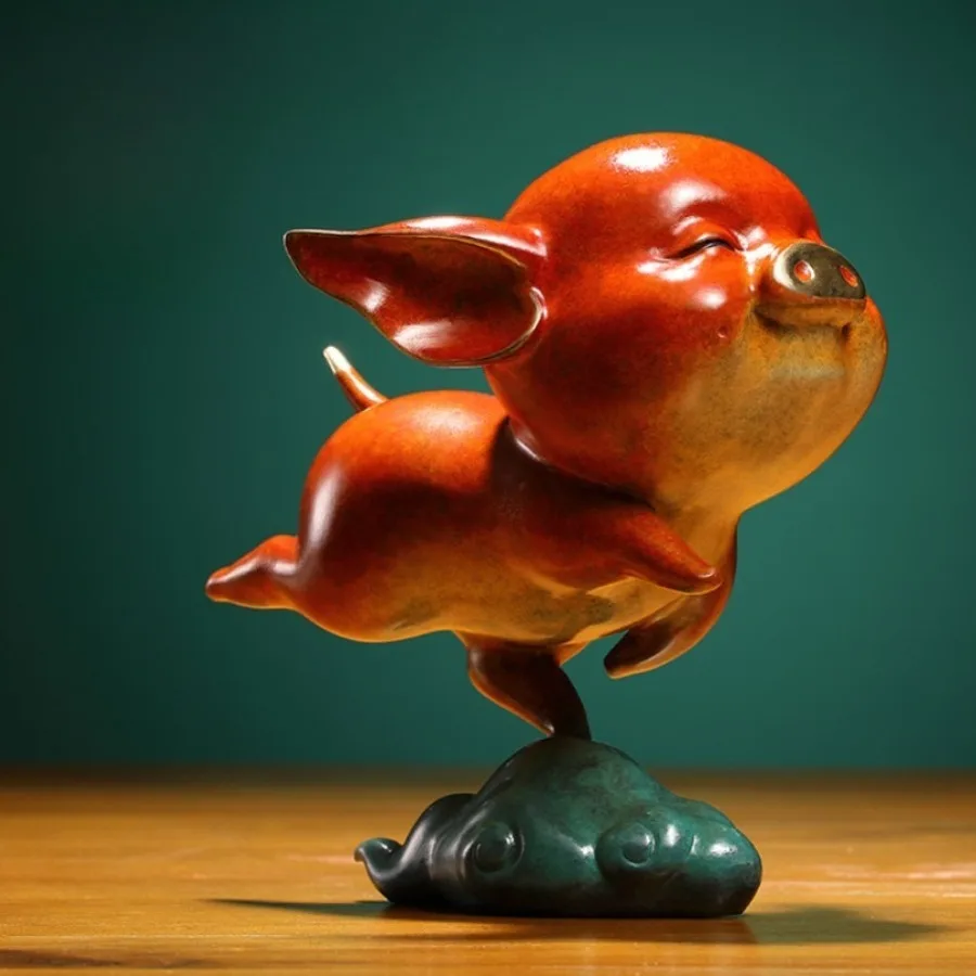 Bronze Flying Pig Sculpture Cute Copper Figurine Handmade Zodiac Craft Tea Table Office Study Home Decor Brass Lucky Gift Desk