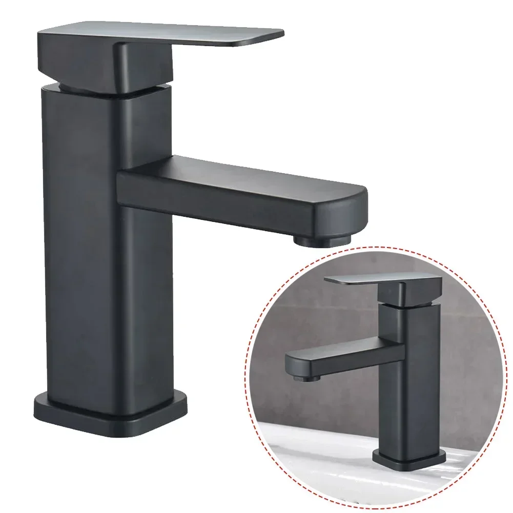 

Bathroom Faucet Single Cold Sink Faucet Single Hole Square Stainless Steel Tap Deck Mounted Bathtub Counter Basin Faucet