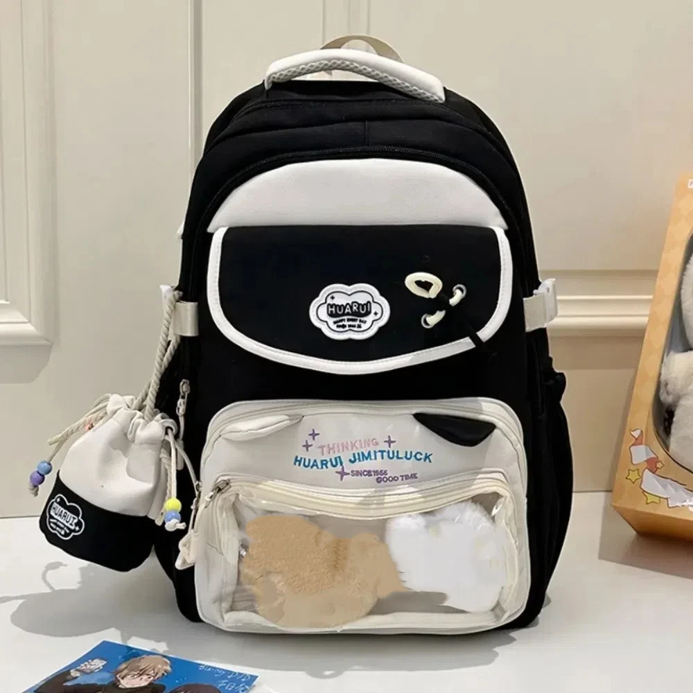 Large Capacity Girls' Backpacks Transparent Pocket Color Matching School Bags Multiple Pockets Cartoon Shoulders Bag Teenagers