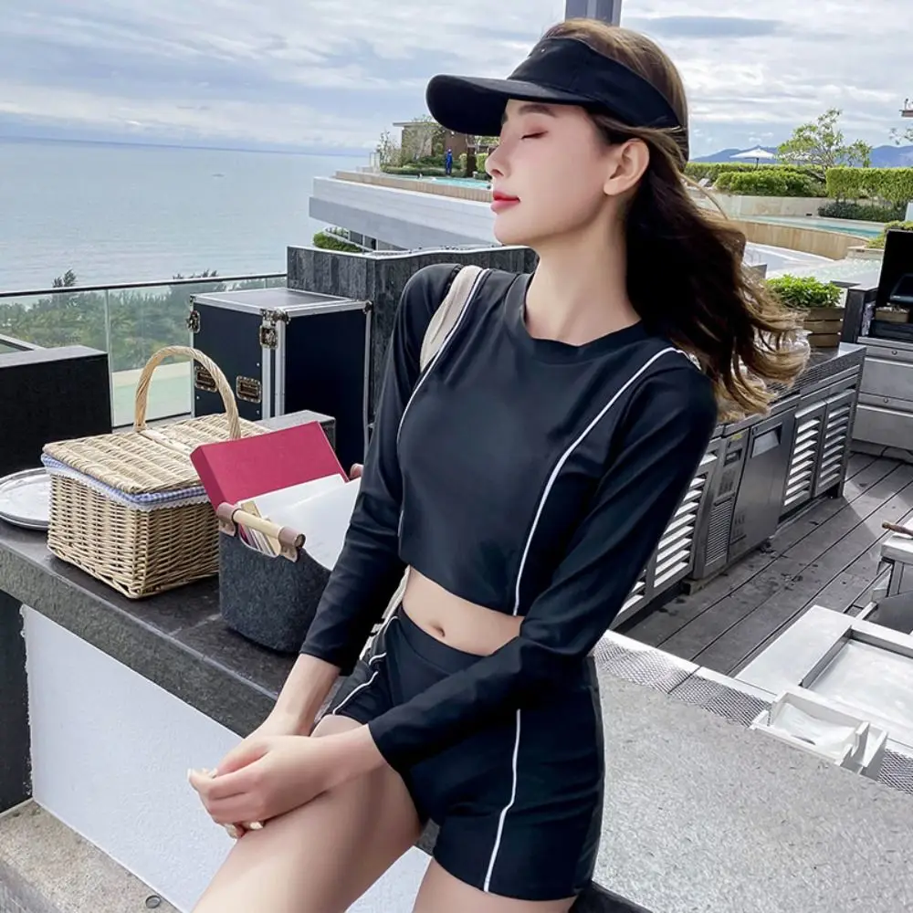 

Patchwork Design Women's Swimming Suit Slimming Fit High Waisted Long Sleeve Swimwear With Shorts Sunscreen Fabric