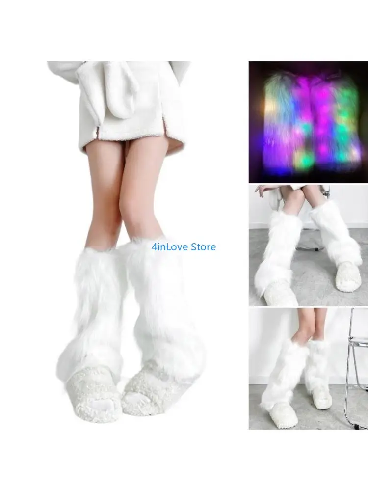 T4MD Women Aesthetic Punk LED Light Up Leg Warmer Winter Fuzzy Plush Boot Cuffs Socks