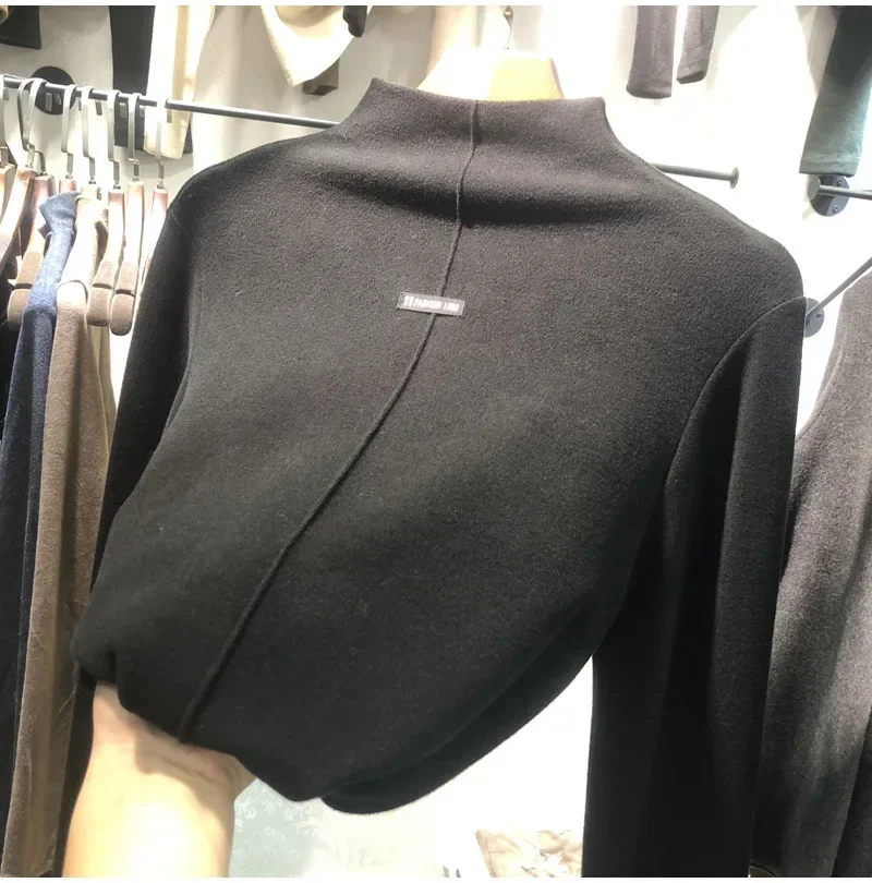 T-shirt à manches longues et col roulé pour femme, Double face, chaud en velours allemand, automne et hiver, haut d'étudiant