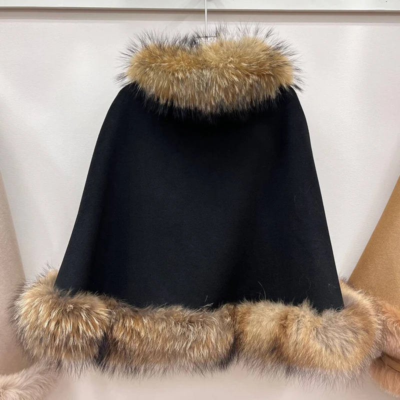 2024 Women's Real Fur Poncho Genuine Raccoon Fur Collar Trim Wool Cape Fashion Style Winter Thick Warm Shawls Female Luxury Coat