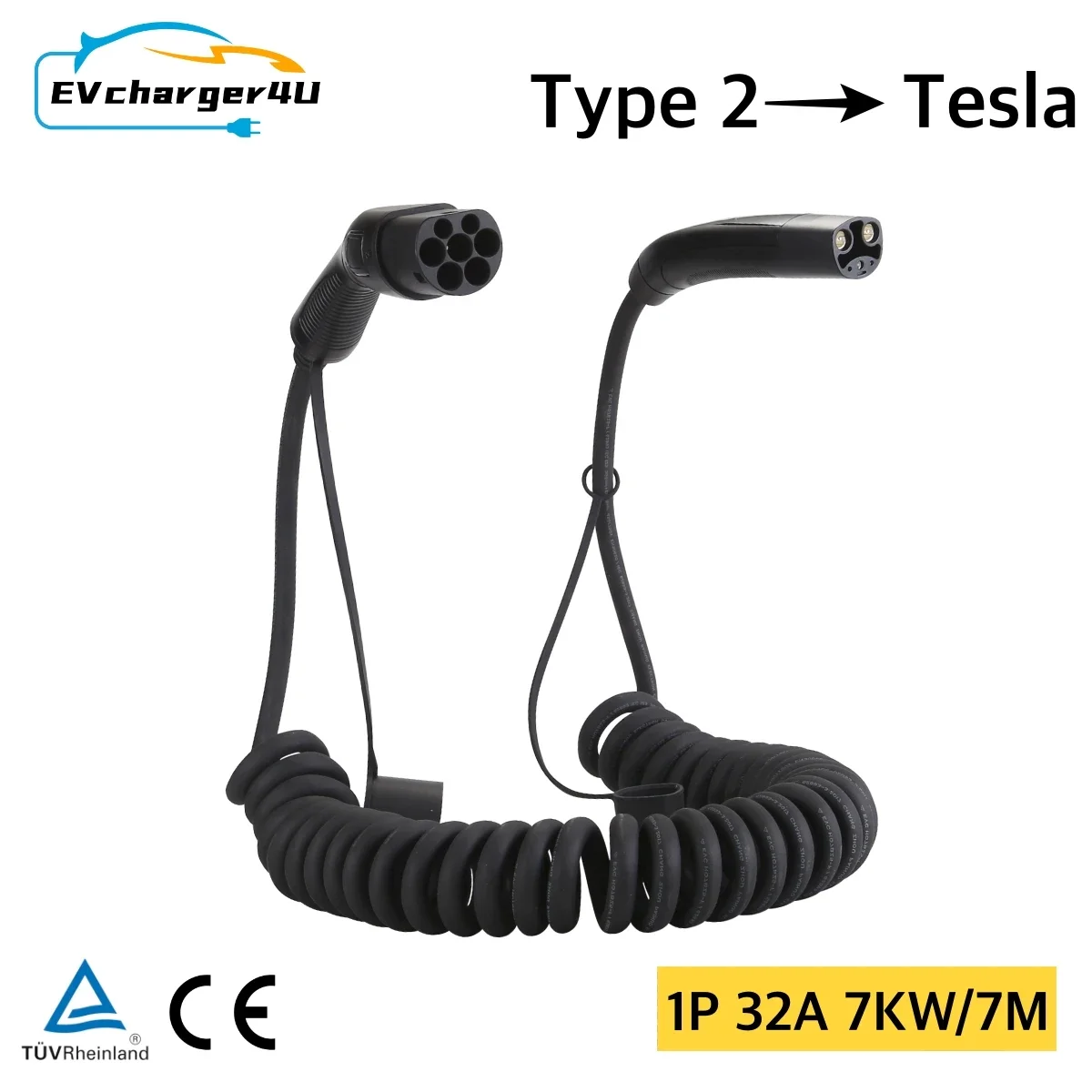 EVcharger4U Tesla EV Charging Spiral Cable 1Phase 32A 7KW 7M Type 2 to NACS Coiled Charger Cable for US Made Model X/S/3/Y