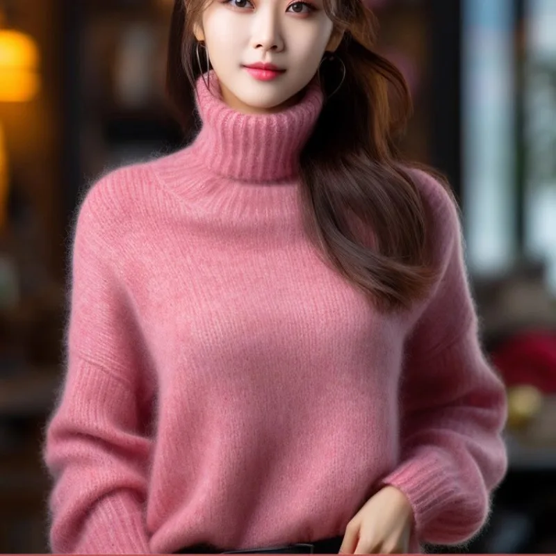 

Women Solid Simple Turtleneck Sweaters Korean Style Fashion Soft Wool Knitwear Autumn Winter Warm Loose Pullovers