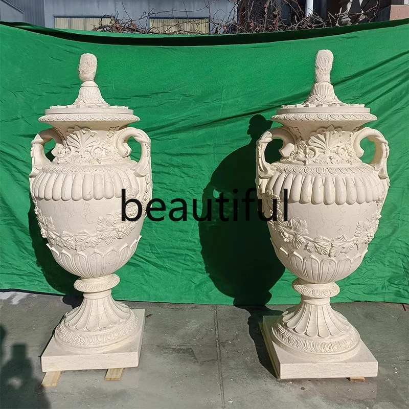 Stone carving marble flower pot fish tank natural stone base, garden decoration