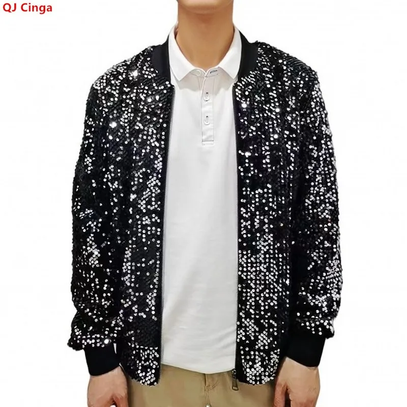 Men's Black Baseball-collar Long-sleeve Jacket for Fall, Featuring Circular Sequin Embellishments and A Zippered Front Placket.