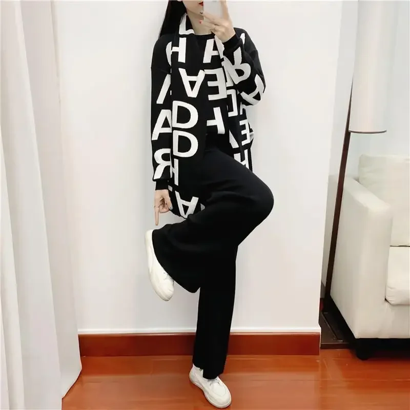 Winter Thick Knitted Two Pieces Set Women Warm Round Collar Pullover Sweater+Wide Leg Pants  Letter Print Sweater Suit T12