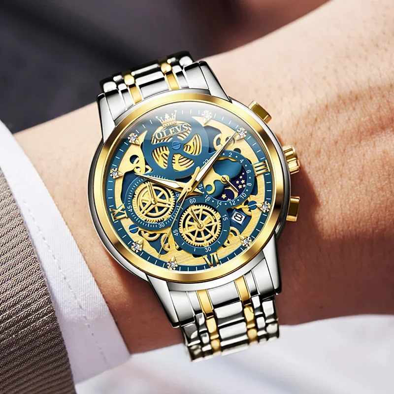 OLEVS นาฬิกาข้อมือ9947อเนกประสงค์สำหรับผู้ชาย, นาฬิกาข้อมือควอตซ์สแตนเลสสตีลกันน้ำได้สำหรับผู้ชายปฏิทินโครโนกราฟ