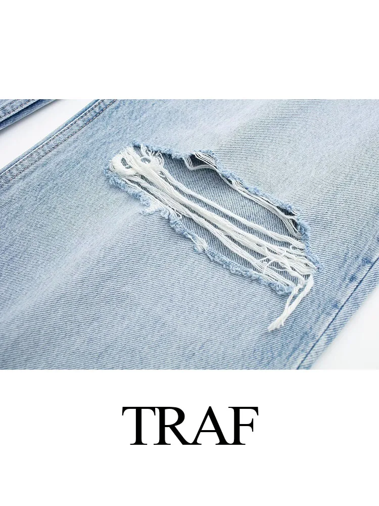 TRAF Women\'s New Fashoin Casual Blue Baggy Jeans Ripped Denim Pants Woman Vintage High Waist Wide Leg Pants Y2K Trousers Mujer