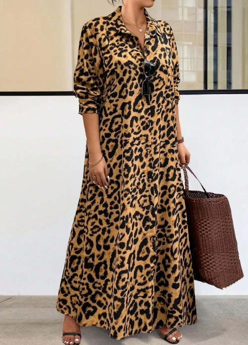 

Women's Fashion Leopard Printed Long Sleeve Dress Temperament Commuting Autumn New Female Lapel Loose Casual A-Line Dresses