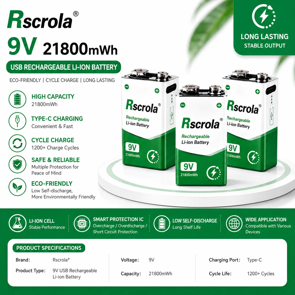 

Rscrola 9V 21800mWh Rechargeable Lithium Battery USB-C Fast Charge Long-Lasting Power for Smoke Detectors Guitar Effects Pedal