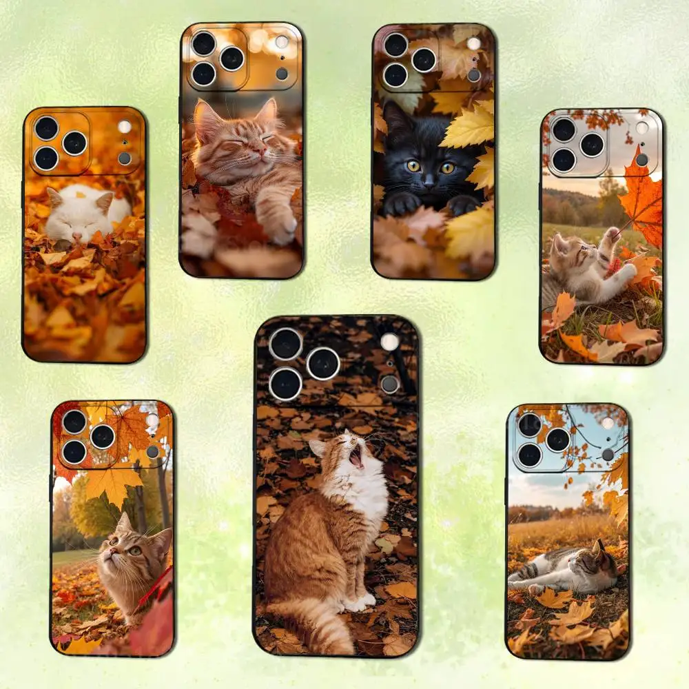 

Cat In Autumn Leaves Phone Case For iPhone 14,13,17,12,11,16,15,Plus,Pro Max,XS,X,XR,SE,Mini,Soft Silicone Black Cover