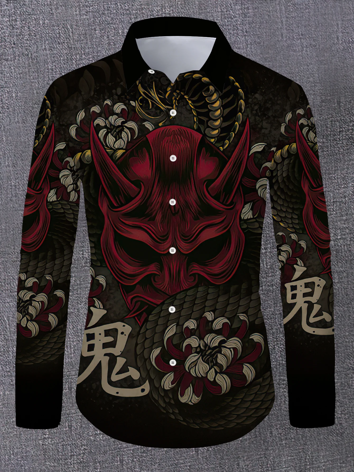 Ukiyo-e Style Men Lapel Collar Shirt Dark Base Oni Mask Floral Serpent Graphic Polyester Long-Sleeve Blouse