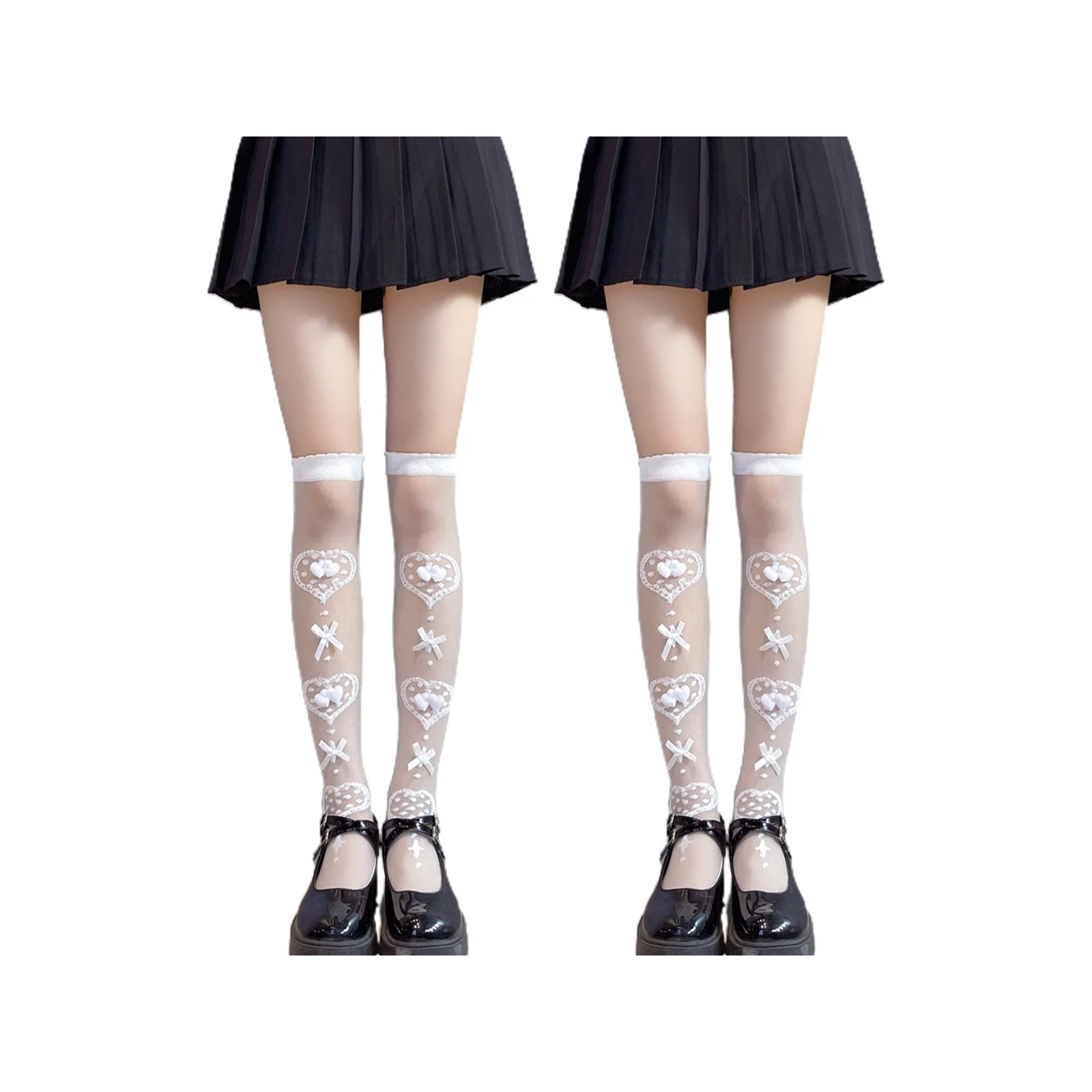 Lolita JK high socks set: 1 pair each of white and white bows + white and black plaid bows