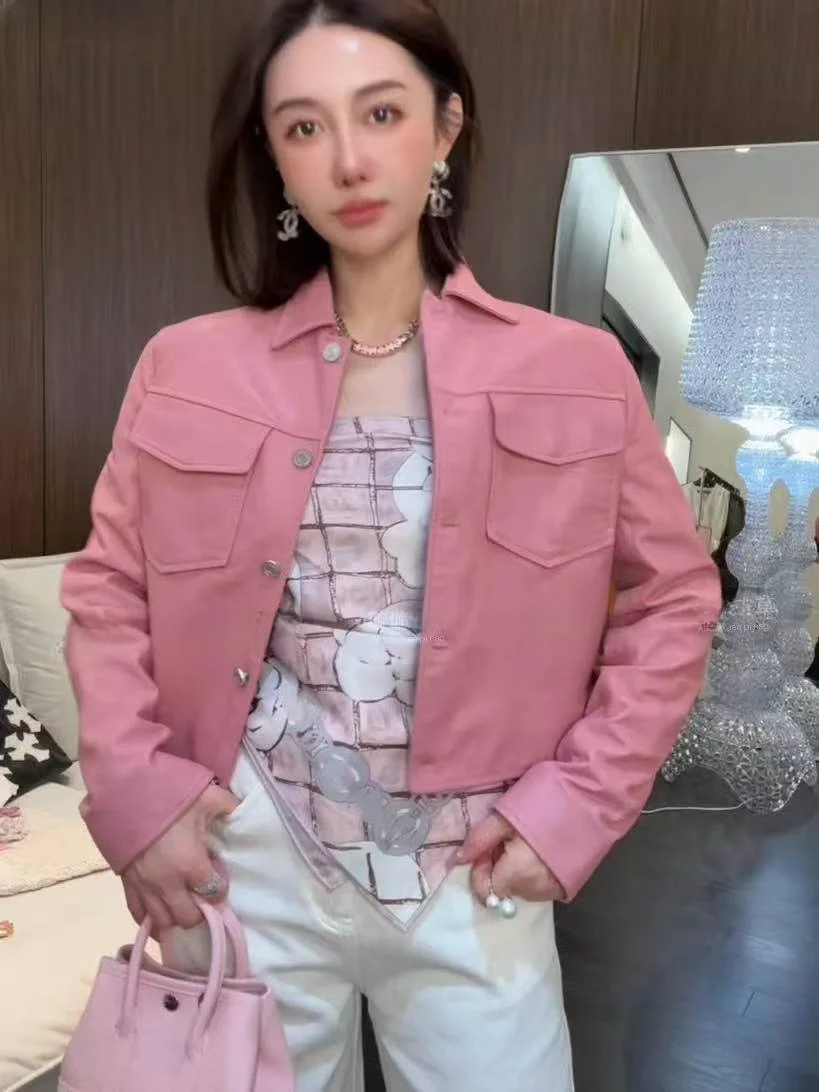 

Весна 2026: Винтажная кожаная куртка в гонконгском стиле, свободного кроя, из натуральной кожи, с воротником-стойкой, для женщин