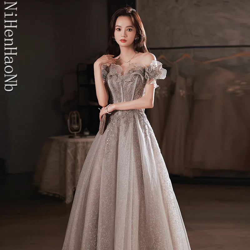 Elegant Gray Evening Dress Off Shoulder Shiny Sequin  A-line Lace Up Women Formal Party Prom Gowns