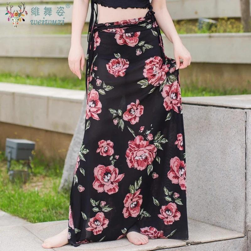 Adults Sexy Belly Dance Practice Costume Printing Lateral Tied Skirt Women Clothing Bellydancing Costume Performance Dress Stage
