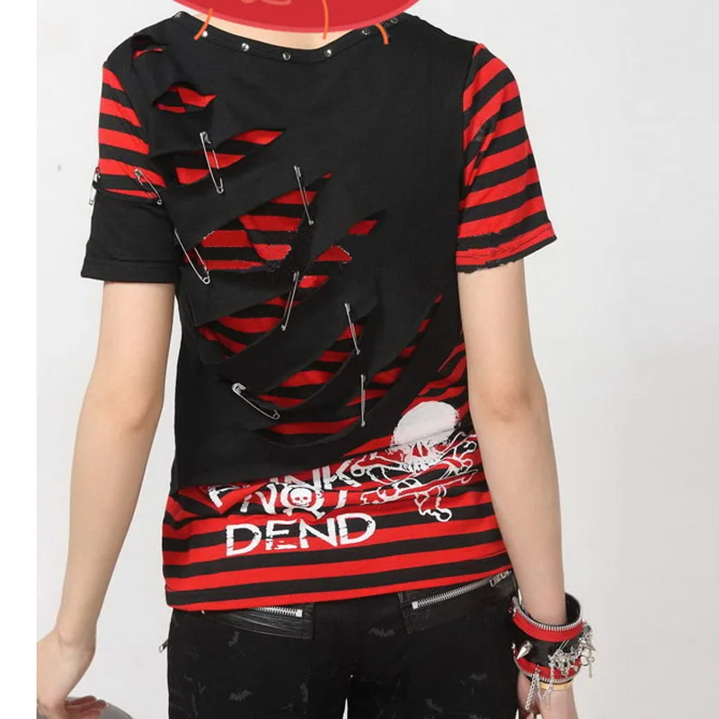 Japanese Korean y2k Summer Clothing Kill Matt Rock Ripped Clothes Hole Rivet Skull Pattern Tee Stripe Short T-shirt Men\'s Tops