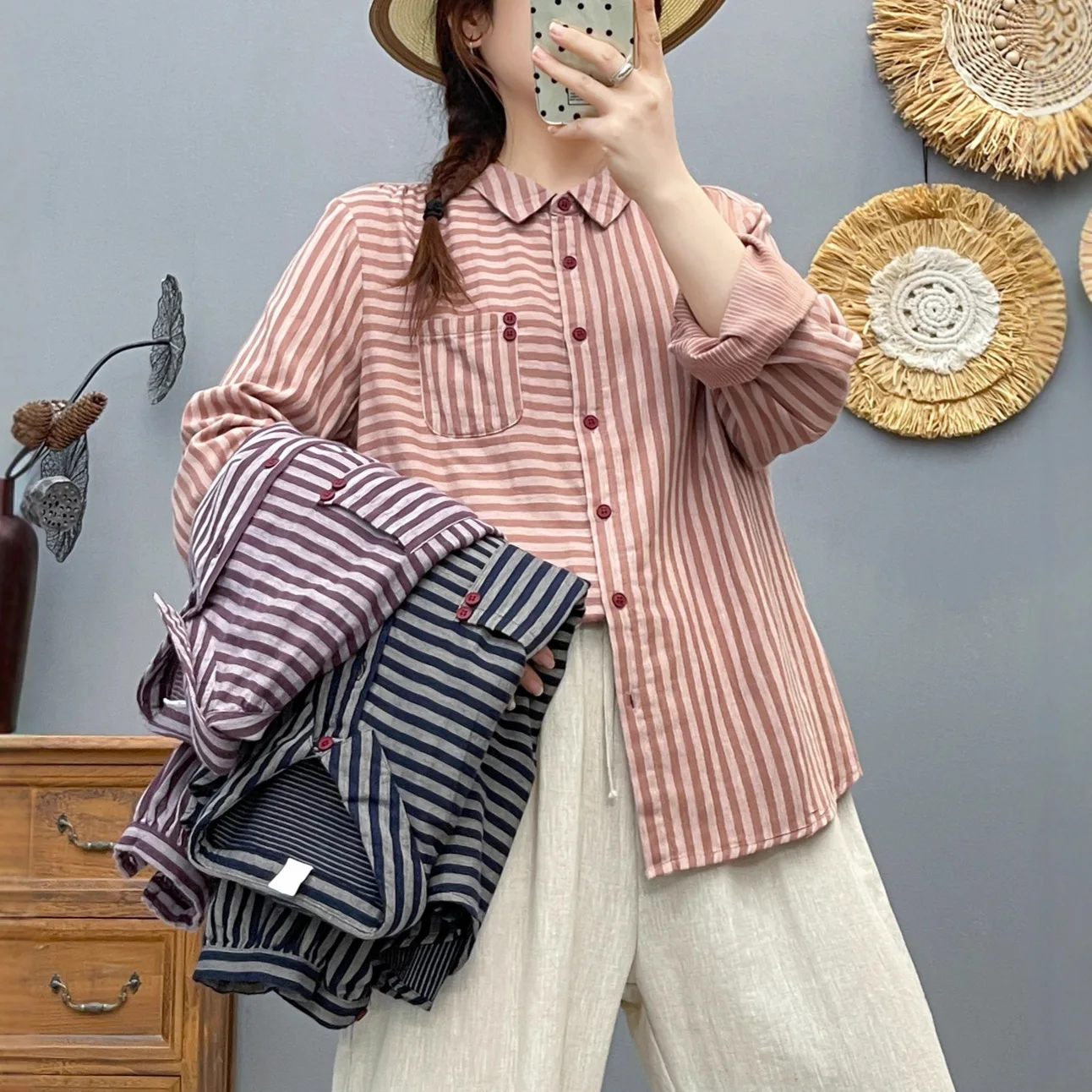 اليابانية خمر موري فتاة مخطط تي شيرتات قطن المرأة الخريف جديد رفض طوق كم طويل بلوزة فضفاضة غير رسمية بلايز