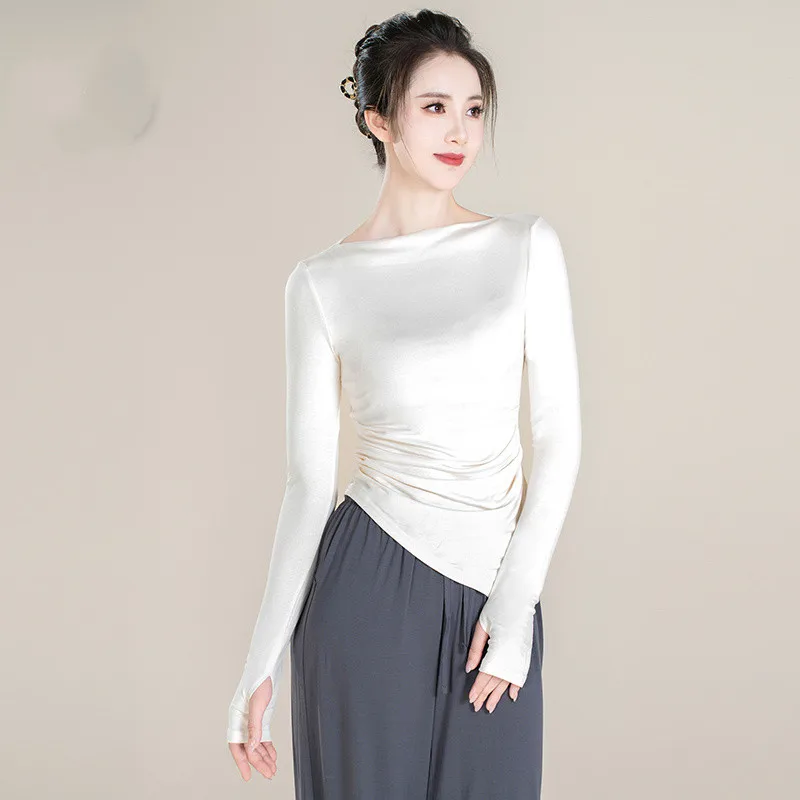 Women Thumb Finger Hole Tee Shirt Classical Dance Top Irregular Hem Tank Clothes Slim Elegant Dancer Practice Hanfu Outfit XL