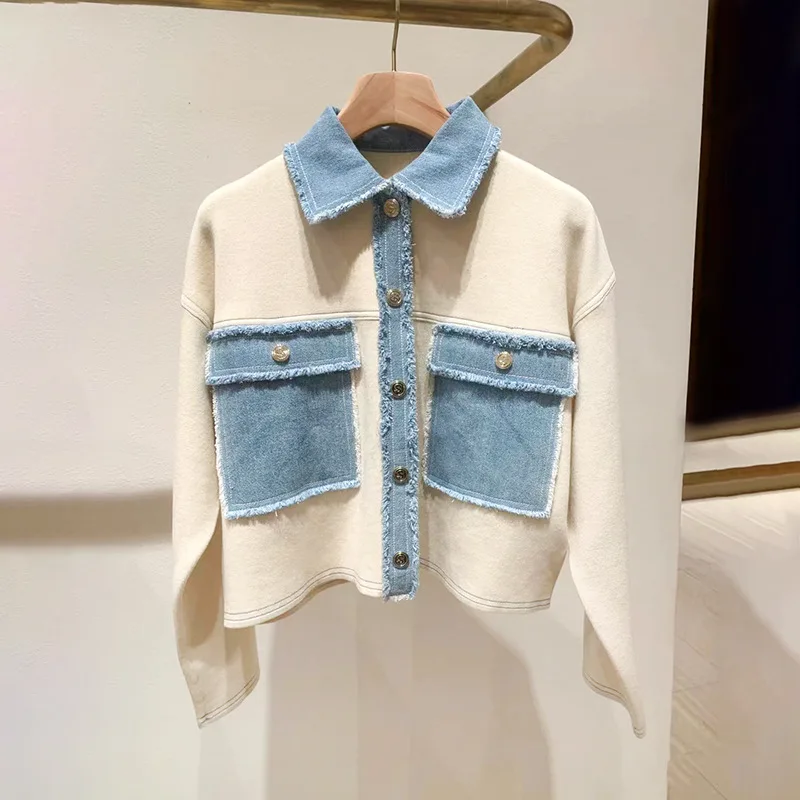 

High-End Edition European Sle Women's Denim Patchwork Casual Color-Bloort Outerwear Avec Decorative Distred s