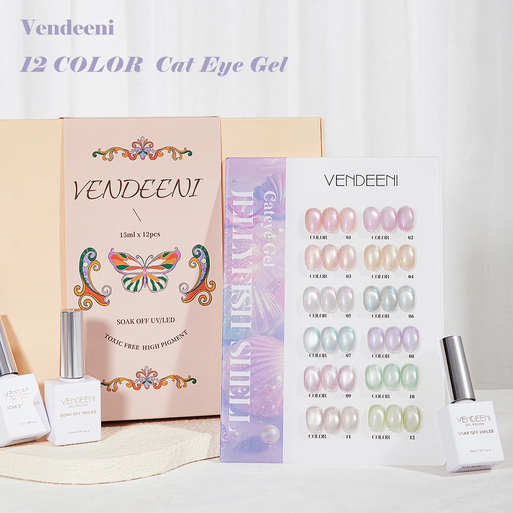 Vendeeni 12 Farben/Set Kristall-Katzenaugen-Gel-Nagellack Magnetischer UV-Soak-Off-Gel-Lack Rot Lila Neon-Katzenaugen-Gel mit Display – Detail 27