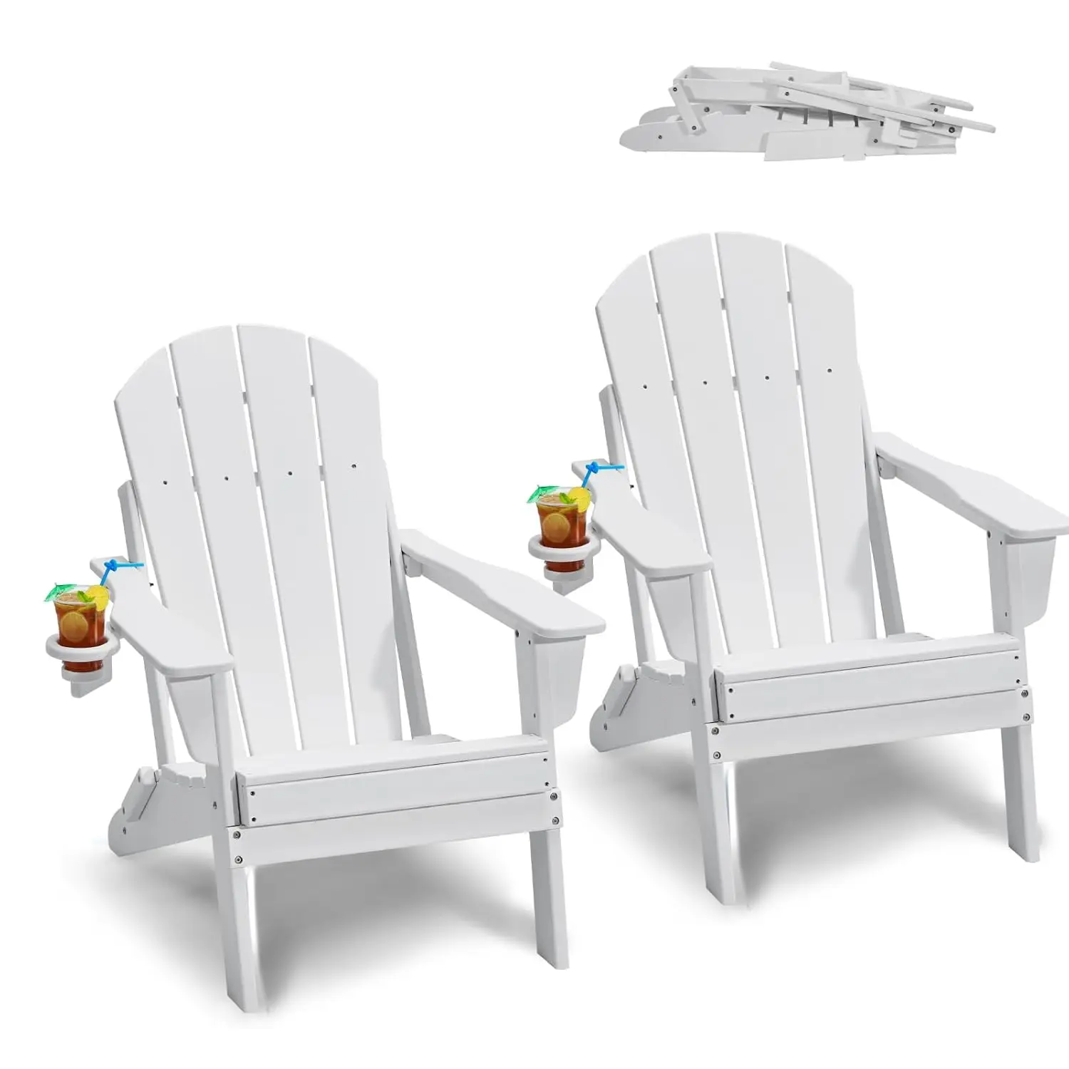 2 Pack Foldle Adirondack Chair with Cup Holder All Weather Plastic Ergonomic Armrest for Outdoor Patio Backyard White iz