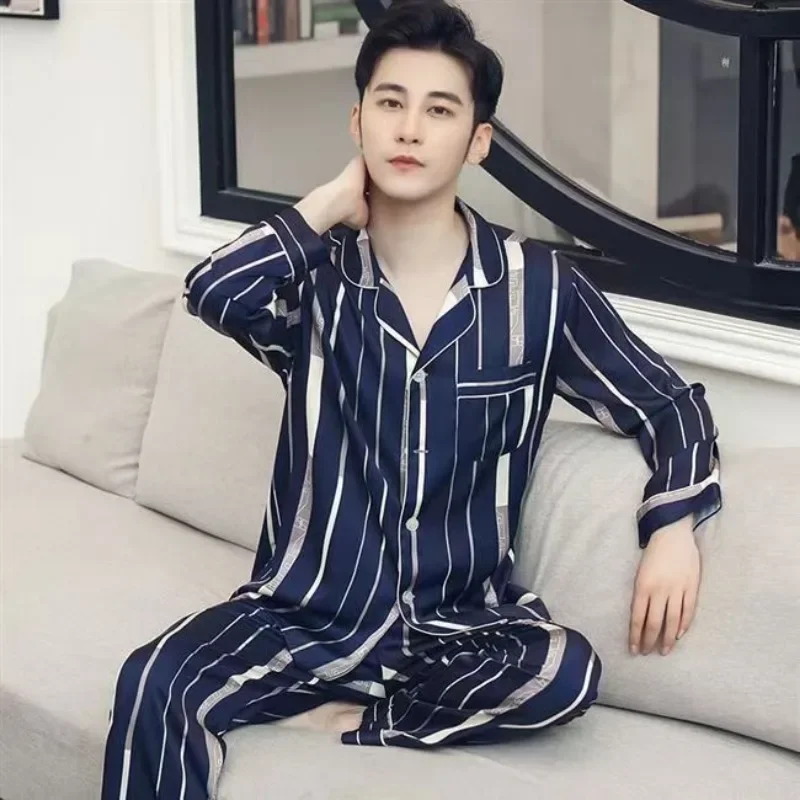 Spring Autumn Loungewear Suit Men Ice Silk Pajamas Set Leisure New Long Sleeve Pants Loose Teenager Large Size Home Clothes