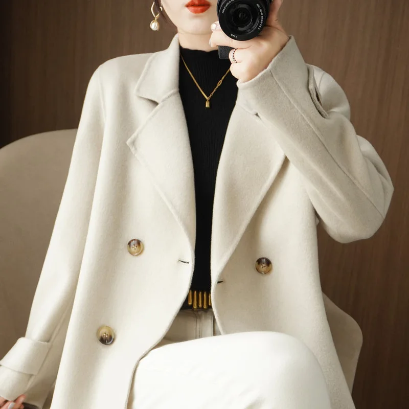 

Short Woolen Coat Women Spring Autumn New Fashion Suit Collar Double Breasted Wool Jacket Female Casual Loose Clothes