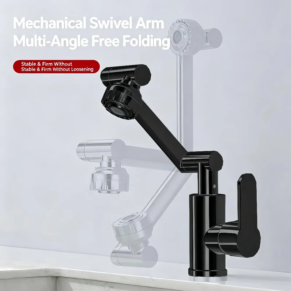Multi‑Angle Swivel Bathroom Faucet 360 Rotate Mechanical Arm Single Handle Vanity Sink Tap