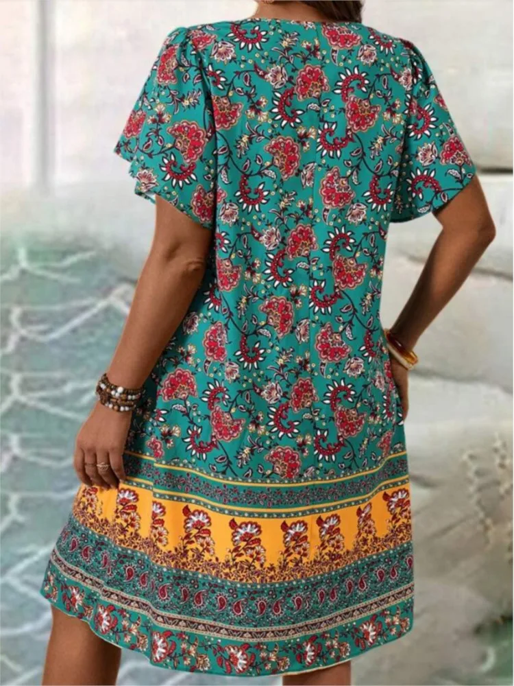 New Boho Fashion Print Loose Dress Female Casual V Neck Short Sleeve Dresses For Women 2025 Summer Beach Holiday Vintage Dress
