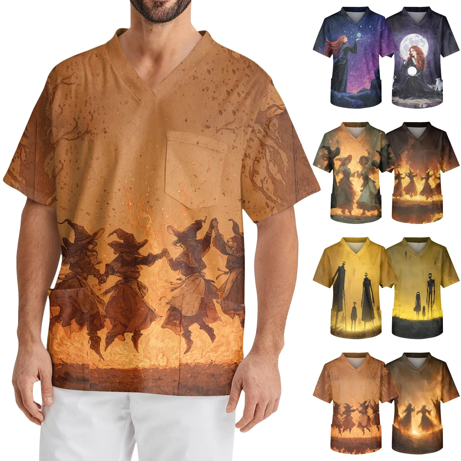 Halloween Wizard Fire Dance Graphic Cotton Tshirt Mystical Halloween Top Sorcerer Flame Print Tee Magical Party Apparel