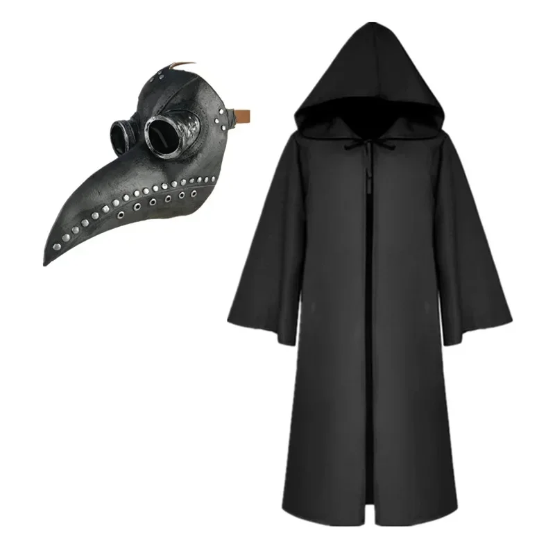 Middeleeuwse pestdoktersmasker en mantelset Rollenspelkostuum voor volwassenen en kinderen Halloween Zwart gewaad met capuchon voor cosplayfeest
