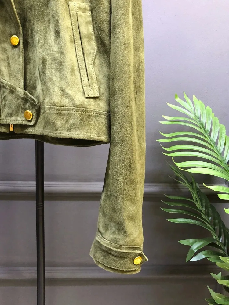 Genuine Suede Leather Lady Jacket Turndown Collar Zipper Short Coat Green Natural Sheepskin Motorcycle Jackets Autumn Outerwear