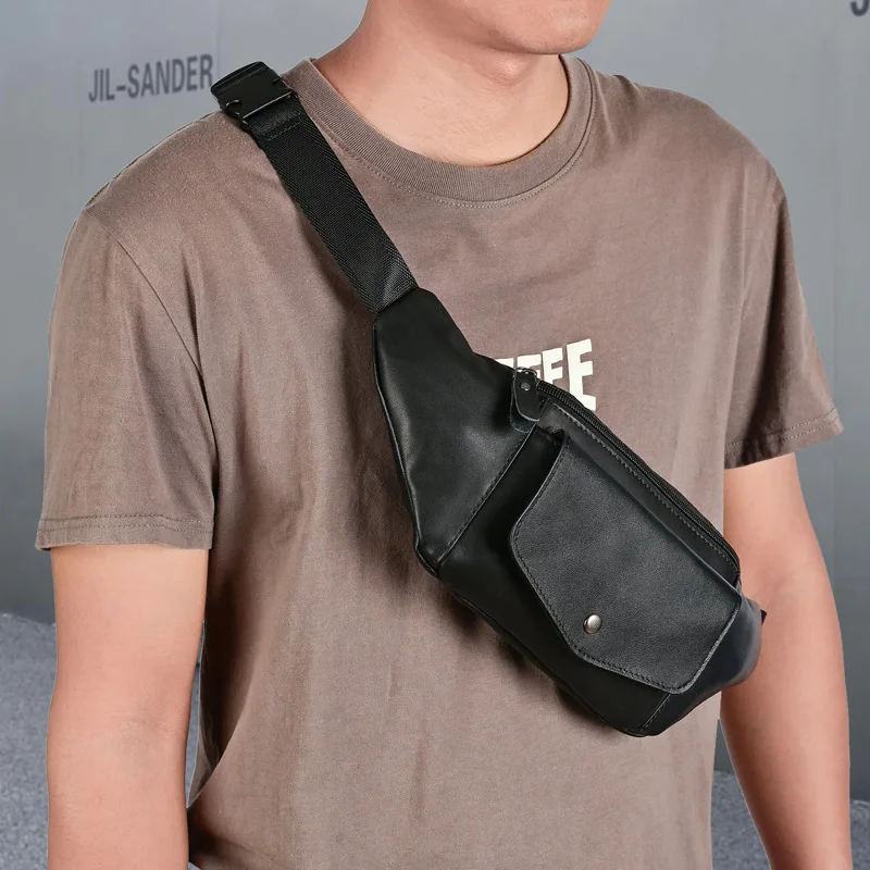 Tas dada kulit asli, dompet ponsel Unisex hitam, tas sabuk dada untuk pria dan wanita