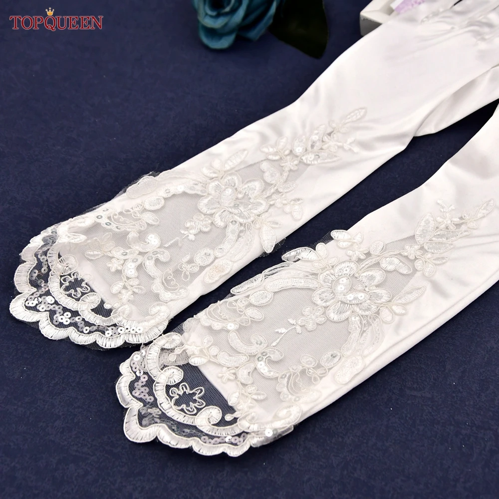 TOPQUEEN guantes de novia de encaje largo hasta el codo guantes de satén para cantar y bailar vestido de boda para fiesta brazo accesorios DIY VM06