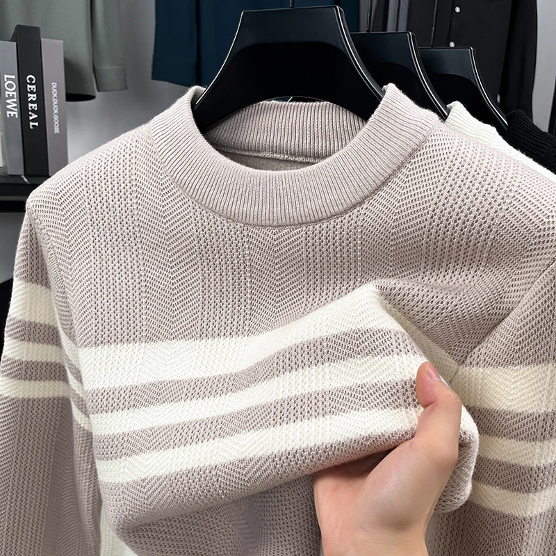 men's autumn winter long sleeves high quality sweater round neck stripe keep top warm knitwear leisure innerwear men's clothing