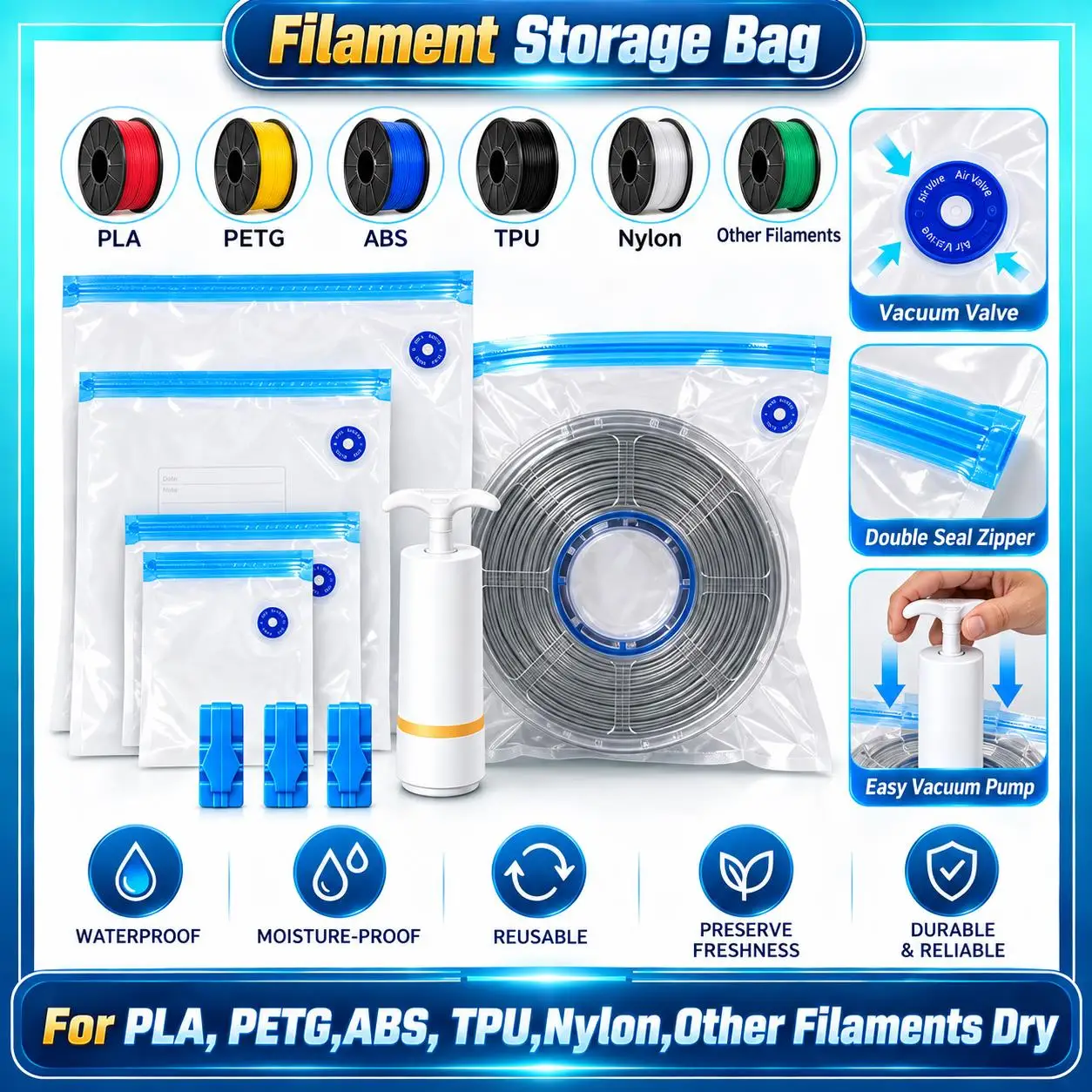 3D Printer Filament Vacuum Sealing Bag, Humidity Resistant Storage Pouch Keep PLA ABS PETG Filament Dry Printing Accessories