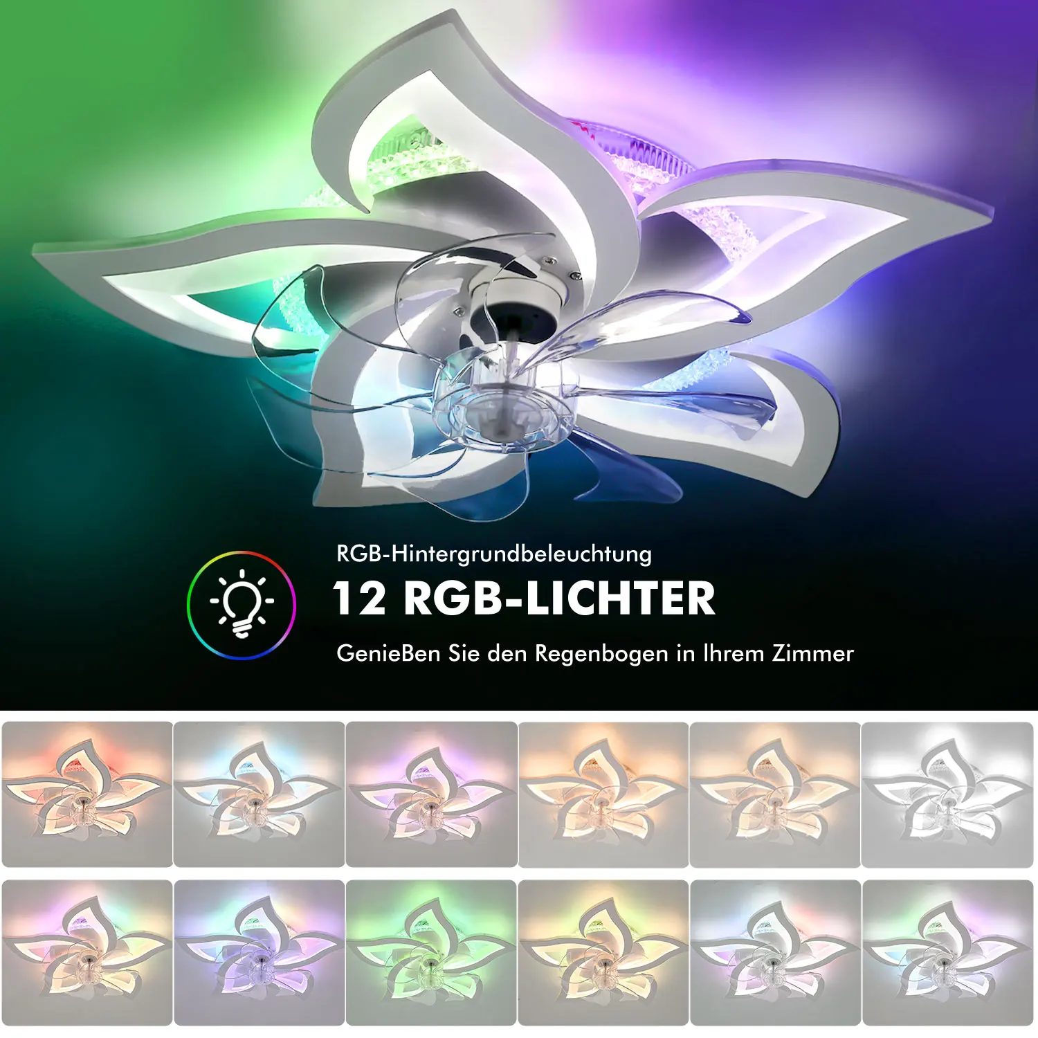 Ventilateur de plafond silencieux en forme de fleur 55W avec éclairage, plafonnier LED avec ventilateur, ventilateur de salon à intensité variable avec télécommande