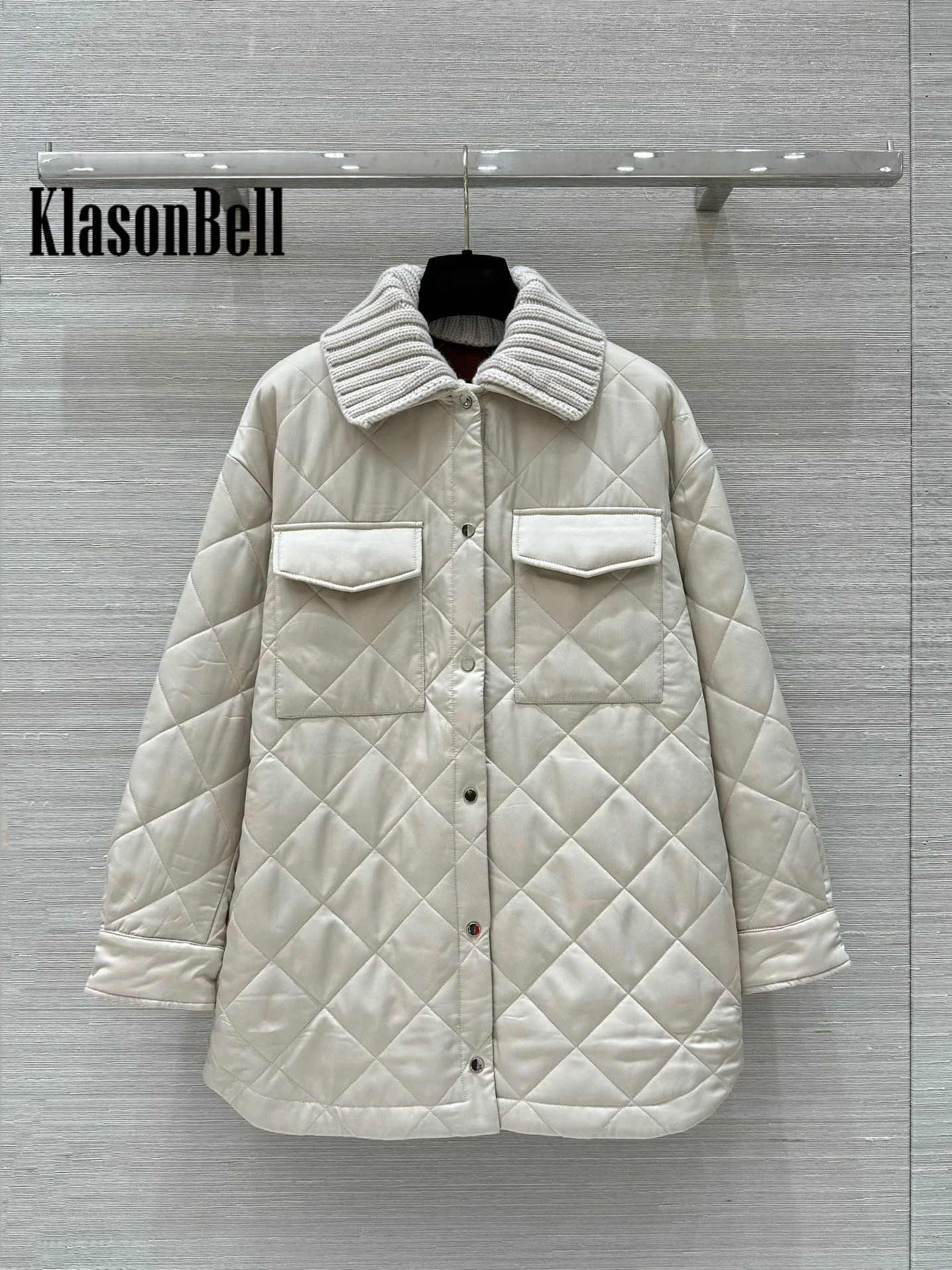 9.26 KlasonBell-Women Wool Lining Spliced Color Argyle Quilted Plaid Parkas Knit Collar Detachable Keep Warm Button Coat